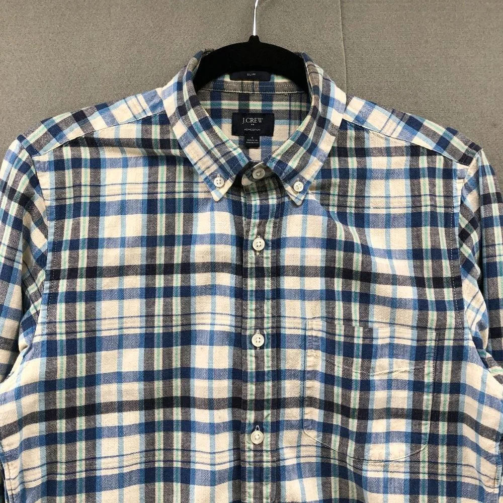 J. Crew Long Sleeve Shirt Mens S Slim‎ Fit Blue Plaid Homespun Slub Cotton
